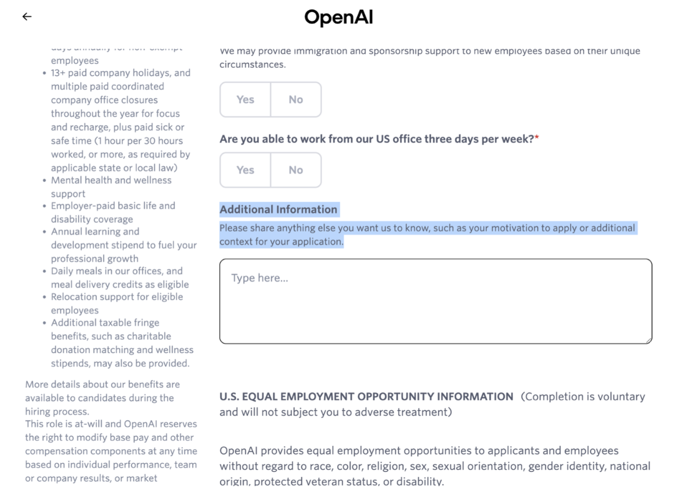 OpenAI application form asking for a website