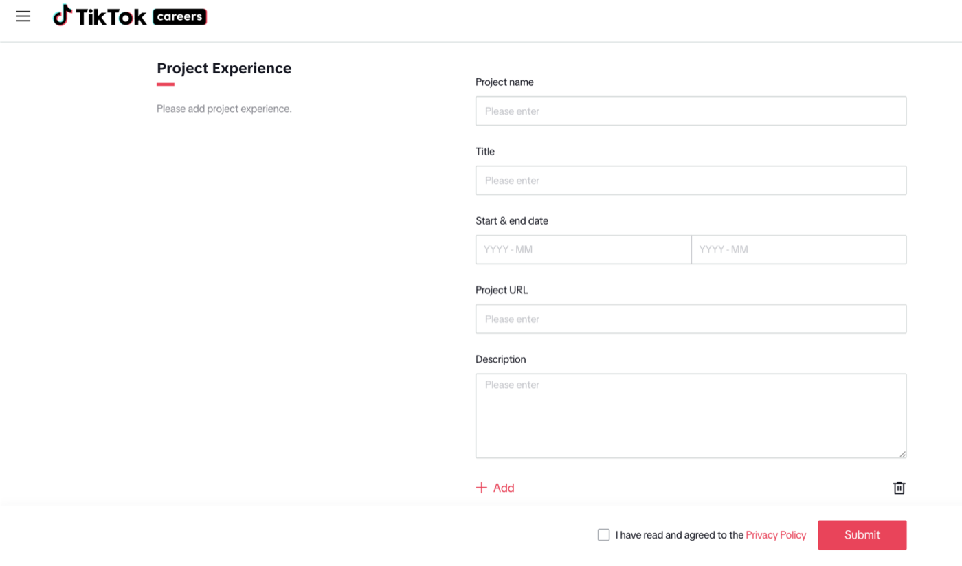 TikTok application form asking for a website